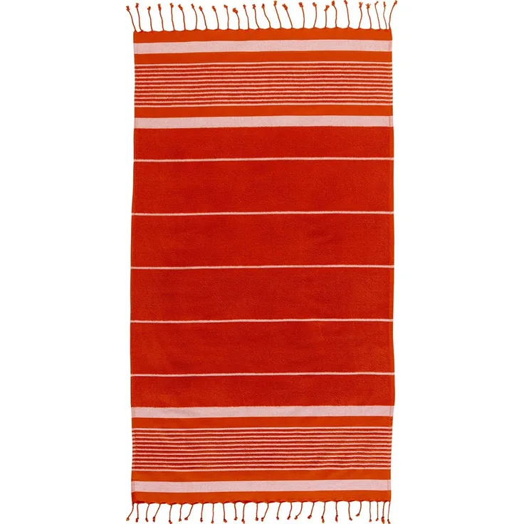Strandtuch im Futa-Stil aus recycelter Baumwolle mit Frotteeseite und Fransen 90x170 cm Orange