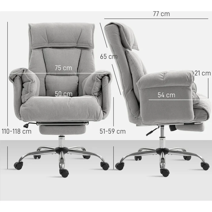 Wohnora-Bürostuhl Neigbar Höhenverstellbar Schreibtischstuhl mit Armlehne Fußstütze hoher Rückenlehne 75 x 77 x 110-118 cm Grau,H 1180cm x T 770cm x B 660cm,Hellgrau – Bild 5