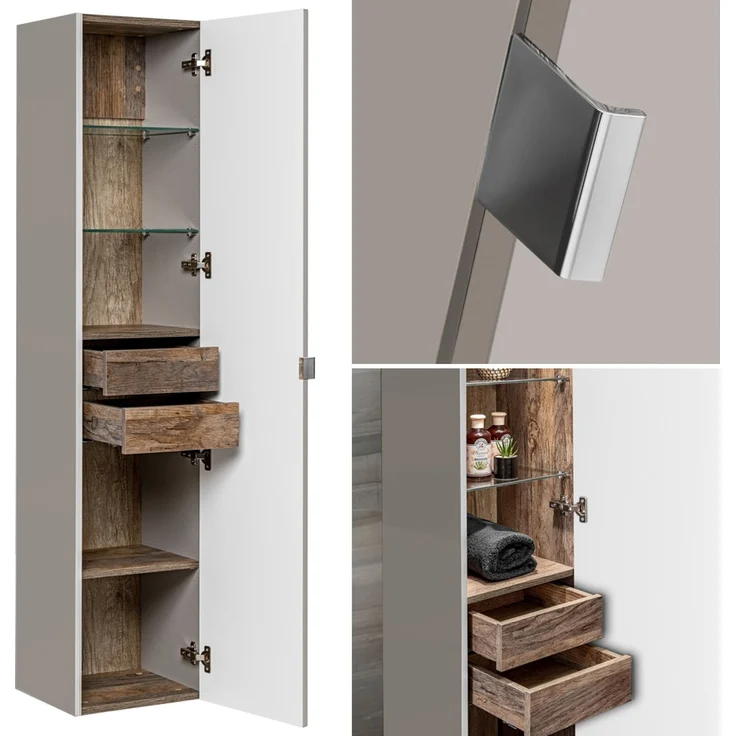 Badmöbel Hochschrank PUEBLA-56-TAUPE in taupe mit Vintage Oak Eiche, 1 Tür, B/H/T: 35/160/33 cm – Bild 2