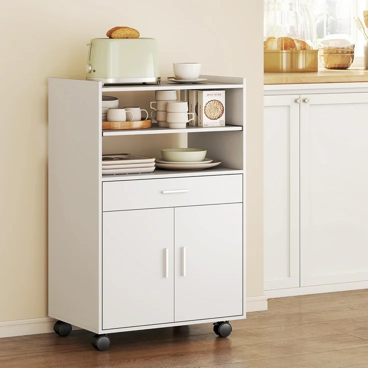 HOMCOM Küchenbuffet Doppeltürschrank (Küchenschrank, 1-St, mit Schubladen, Rollen) für Küche, Esszimmer, Weiß – Bild 8