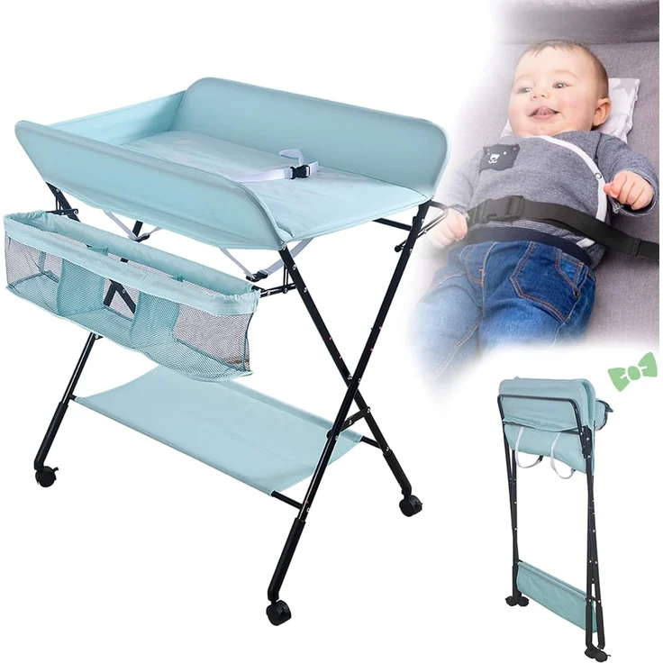 Faltbare Baby Wickelunterlage mit stabiler Struktur, Wickeltisch für Kinder, platzsparender Wickeltisch für Windelwechsel, 4 Rollen mit Bremse, mit Staufächern (80 x 66 x 98 cm) – Bild 8