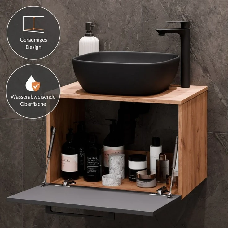 Planetmöbel Badmöbel-Set Astra, (Badezimmer Möbel im modernen Design, 3-St), Waschtisch 60cm und Waschbecken schwarz & Spiegel – Bild 3