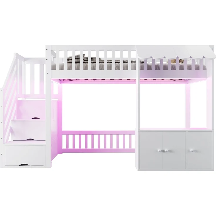 EINHOM Holz-Hochbett 90 x 200 cm mit Stauraumschrank und Stauraumtreppe, Massivholz + MDF, Mehrfarbiger LED-Lichtleiste, Traufendesign, Lattenrost, Einzelbett, Weiß (Ohne Matratze) – Bild 7