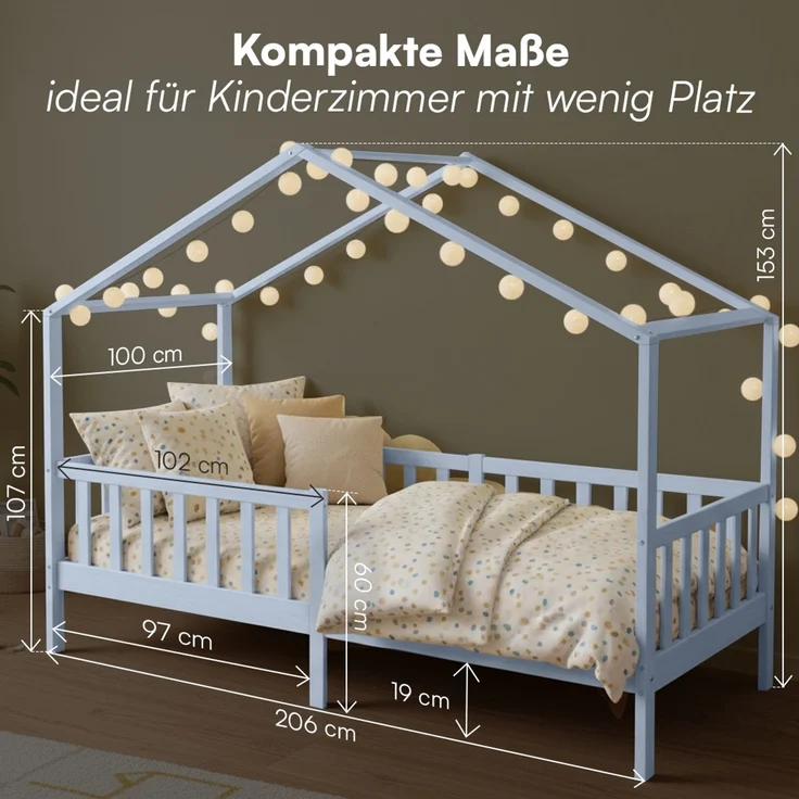 Bellabino 'Bia' Hausbett 90x200 cm mit Matratze, blau, Kiefer Massivholz, Bodenbett in Hausoptik, Montessori Kinderbett mit Rausfallschutz und Lattenrost – Bild 9