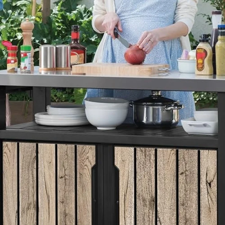 Keter Grillablagetisch UNITY XL in Holzoptik Pinie, aus Kunststoff mit Edelstahlplatte (mit Küchenrollenhalterung, Aufhängungen), abschließbar, UV- und witterungsbeständig – Bild 6