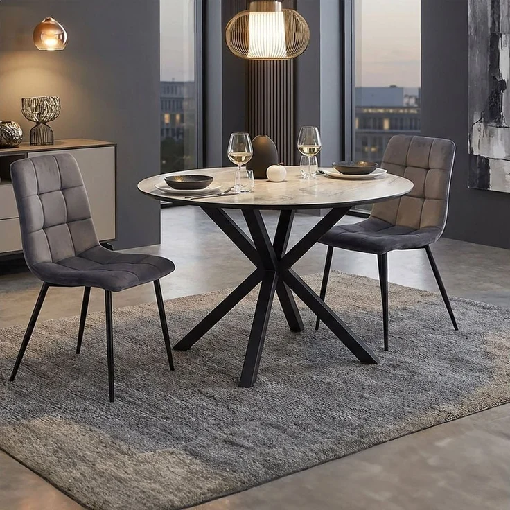 Homestyle4u Essgruppe 5tlg / 3tlg. rund Ø110 2/4 Polsterstühle grau Metallgestell Steinoptik, (3-tlg), 3-teilig, kratzfest, mspritzwasserfest, Tisch mit Essstuhl – Bild 5