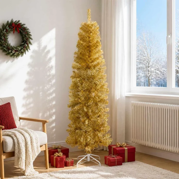vidaXL Künstlicher schlanker Weihnachtsbaum 180 cm PVC und Stahl Gold 42055257 – Bild 2