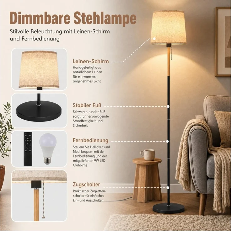 TLGREEN Stehlampe LED Stehleuchte, Wohnzimmerlampe, E27 Lampensockel, Max. 60W, mit 9W LED-Glühbirne, LED wechselbar, 170cm Höhe für Wohnzimmer, Schlafzimmer, Arbeitszimmer, Stehlampe Leinen Lampenschirm – Bild 3