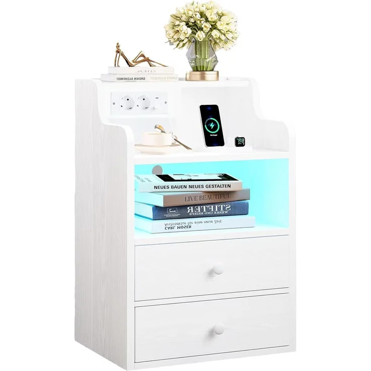 IRONCK Nachttisch LED mit Steckdose und Ladefunktion, Beistelltisch Holz, Nachtschrank mit 2 AC, 1 USB& 1 Type-C Anschlüsse, Sofatisch mit 2 Schubladen, Nachtkästchen Wohnzimmer,Schlafzimmer, Weiß – Bild 1