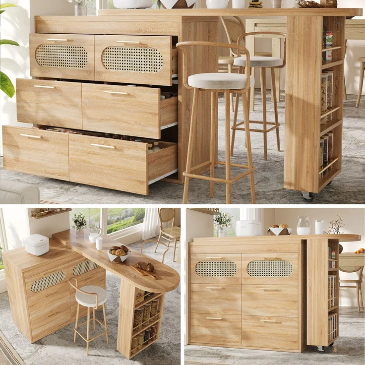 Bartisch mit 6 Schubladen & PE Rattan Türen, 360° drehbarer Stehtisch mit Kippsicherung, viel Stauraum, Metallgriffe, Bistrotisch für Wohnzimmer, Küche, Esszimmer, Arbeitsbereich--Natürlich--140x46.99x14cm--YOUDENOVA – Bild 1