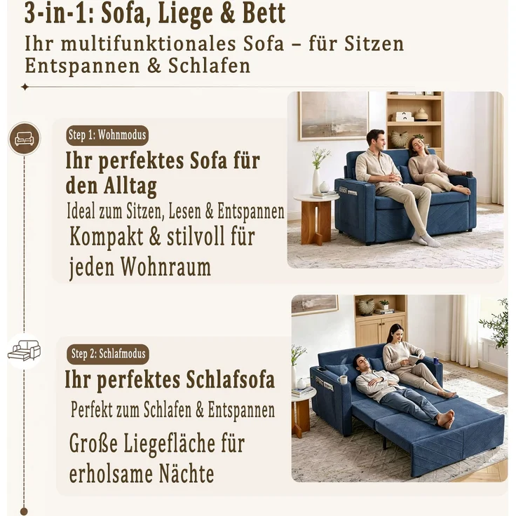 ZUBALIYA Sofa mit USB - Anschluss, für Wohnzimmer und Apartments, mit stabilem Untergestell, für den täglichen Gebrauch, Blau – Bild 10