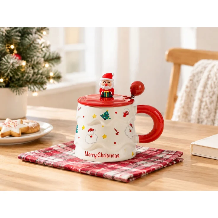 Keramik-Kaffeetasse mit Deckel und Löffel Weihnachts-Becher Rot 16 x 12 x 14 cm – Bild 2