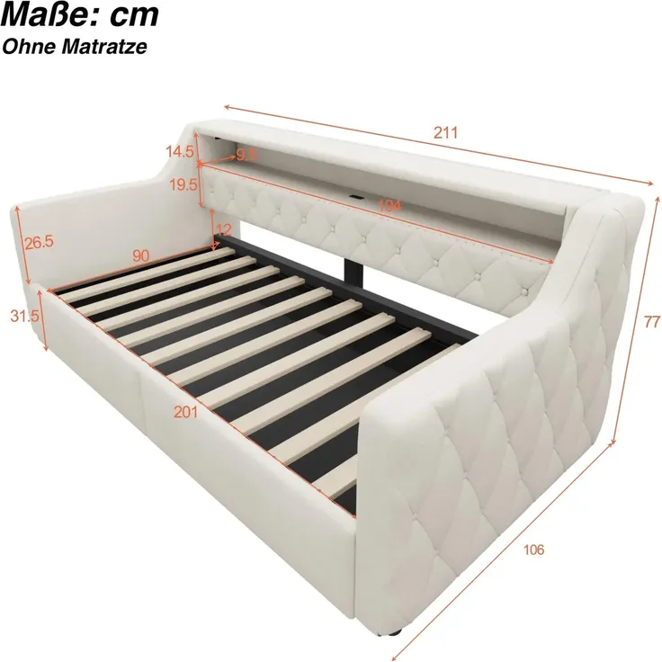 Schlafsofa mit LED-Beleuchtung und Aufbewahrung, Polsterbett mit Lattenrost, 90x200 cm, Einzelbett, Jugendbett, Leinen – Bild 6