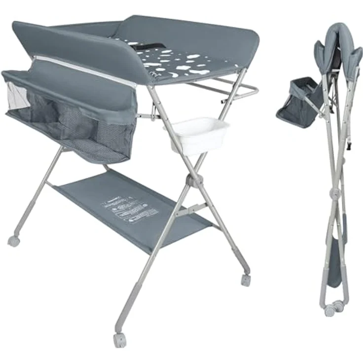 Baby Klappbarer Wickeltisch，Mobiler Wickeltisch mit Rollen und Wickelauflage,Wasserdicht und Höhenverstellbar，Baby Wickelkombi mit Ablagefächern-80 * 58 * 90 cm-dunkelgrau – Bild 4