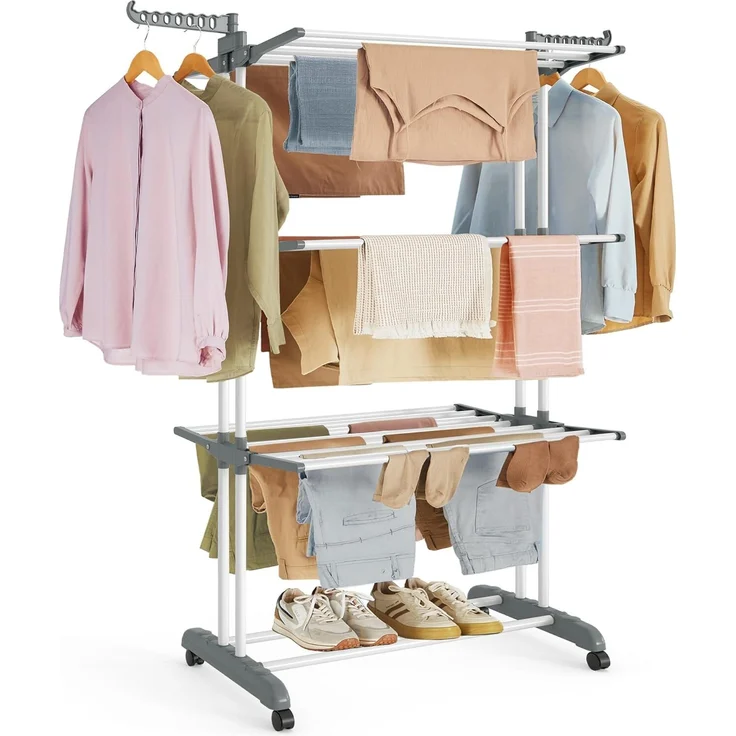 SONGMICS Wäscheständer, Standtrockner 4 Ebenen, Flügelwäscheständer, klappbare Flügel, mit Rollen, 63,5 x 128 x 173 cm, groß, einfacher Aufbau, für Innen- und Außenbereich, weiß LLR701W01 – Bild 1