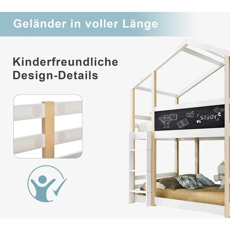 Etagenbett 90x200 cm mit Rutsche & Tafel, Hausbett aus Kiefer, Hochbett mit Leiter, sicher & spielerisch für Kinderzimmer – Bild 5