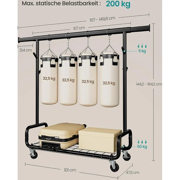 SONGMICS Kleiderständer, 1 ausziehbare Kleiderstange, verstellbare Höhe – Bild 5