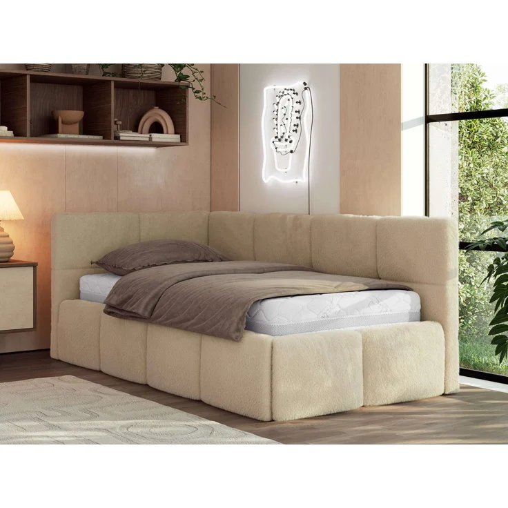 Jugendbett 90x200 ARVO Polsterbett mit Bettkasten, Stauraum & Gasdruckfeder, Modernes Design mit Kopfteil, Pocket Matratze - Beige Plüsch - VIRE LUX - Links Seite – Bild 1