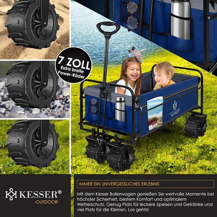 KESSER® Bollerwagen faltbar mit Breite Reifen Handwagen Transportkarre Gerätewagen | inkl. 2 Netztaschen | klappbar | Kunststoff-Reifen | bis 150 kg Tragkraft transportwagen Gartenanhänger Blau/Grau – Bild 2