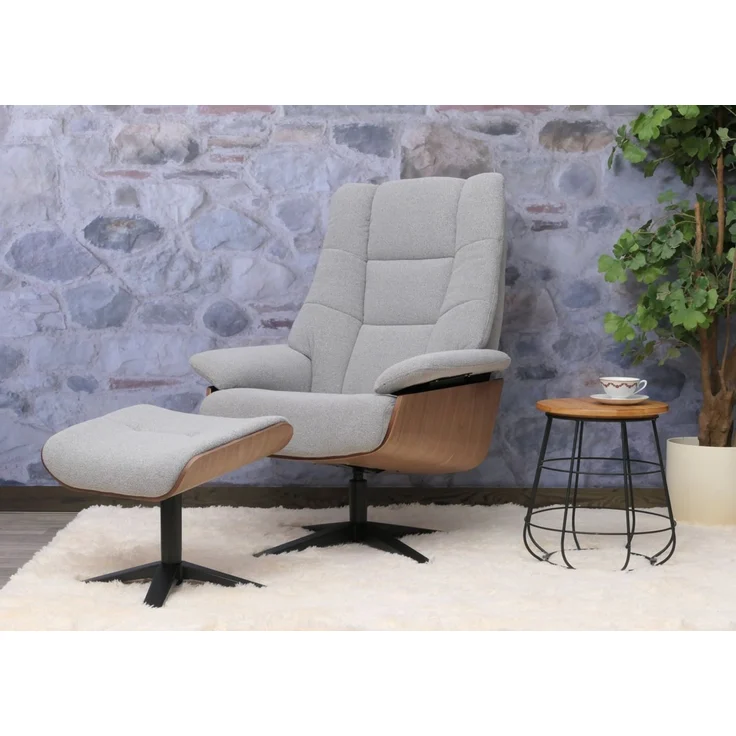 MCA Relaxsessel + Hocker HWC-N57, Fernsehsessel Liegesessel, Bouclé Stoff Holz ~ grau – Bild 3