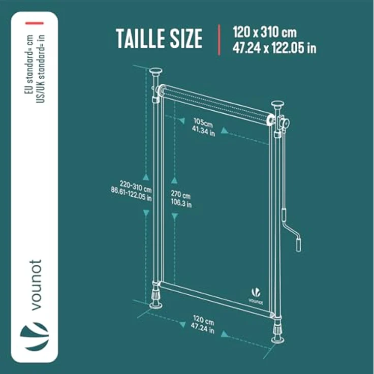 VOUNOT® Klemmmarkise Senkrechtmarkise 120x310 cm, Vertikalmarkise mit Handkurbel ohne Bohren, Ausziehbar Sichtschutz für Balkon, Garten & Terrasse, UV-Schutz & Wasserfest, Anthrazit – Bild 3