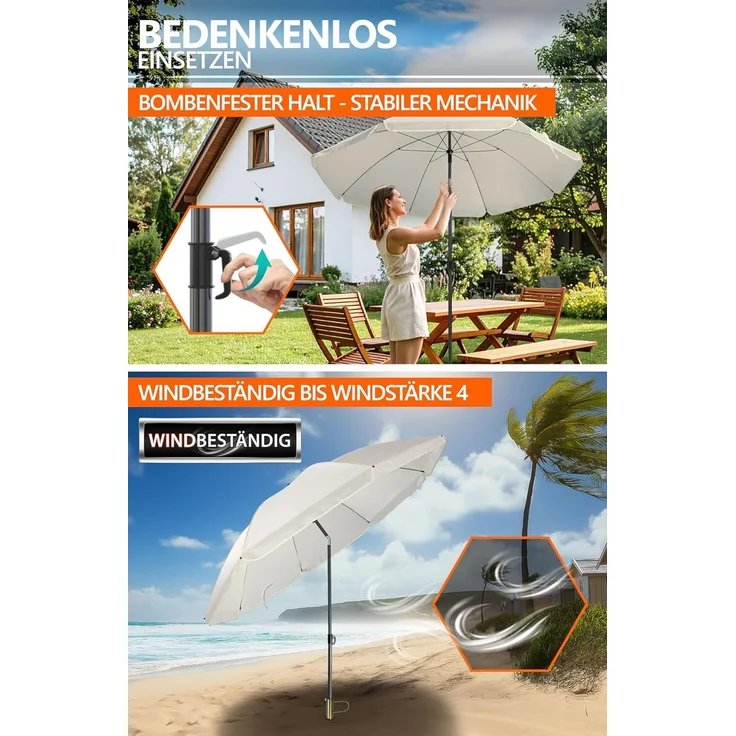 4smile Sonnenschirm Strand SunnyJoy, Beige – 3er Set inkl. Strandschirm windfest stabil, Rasendorn Sonnenschirmhalter, Schirmhülle – Sonnenschirm mit Rasendorn, Schirmspieß für Garten – Bild 6