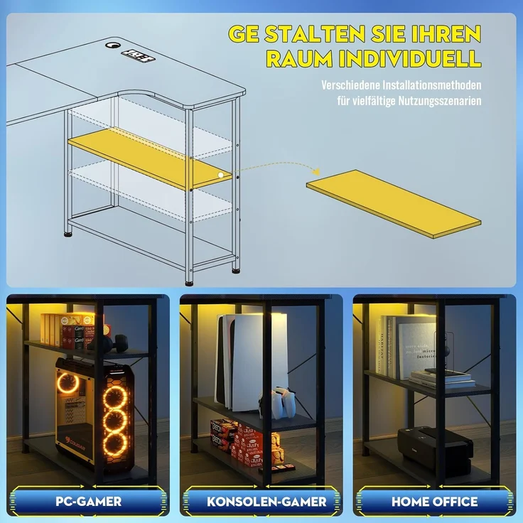 COMHOMA Gaming Tisch mit Steckdose 120 x 80cm Schreibtisch, Eckschreibtisch mit USB-Ladeanschluss und Regal, Computertisch L Form, PC Tisch für Büro, Heimbüro – Bild 5
