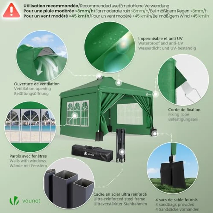VOUNOT Pavillon 3x3 m Wasserdicht Stabil Winterfest, Pop Up Faltpavillon mit 4 Seitenteilen und 5 Sandsäcke, Faltbar Partyzelt Gartenzelt Gartenpavillon inkl. Tasche, Grün – Bild 6