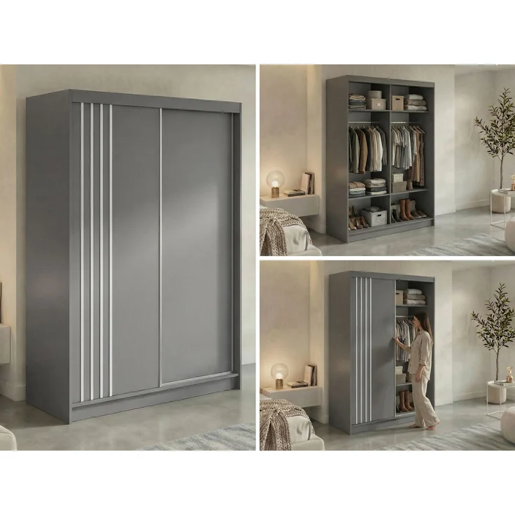 Schwebetürenschrank NAURU mit Lamellen-Optik, moderner Kleiderschrank, Breite 150 cm, inkl. Innenausstattung & Stauraum, Akustikpaneel-Design - Grau und Weiß – Bild 2
