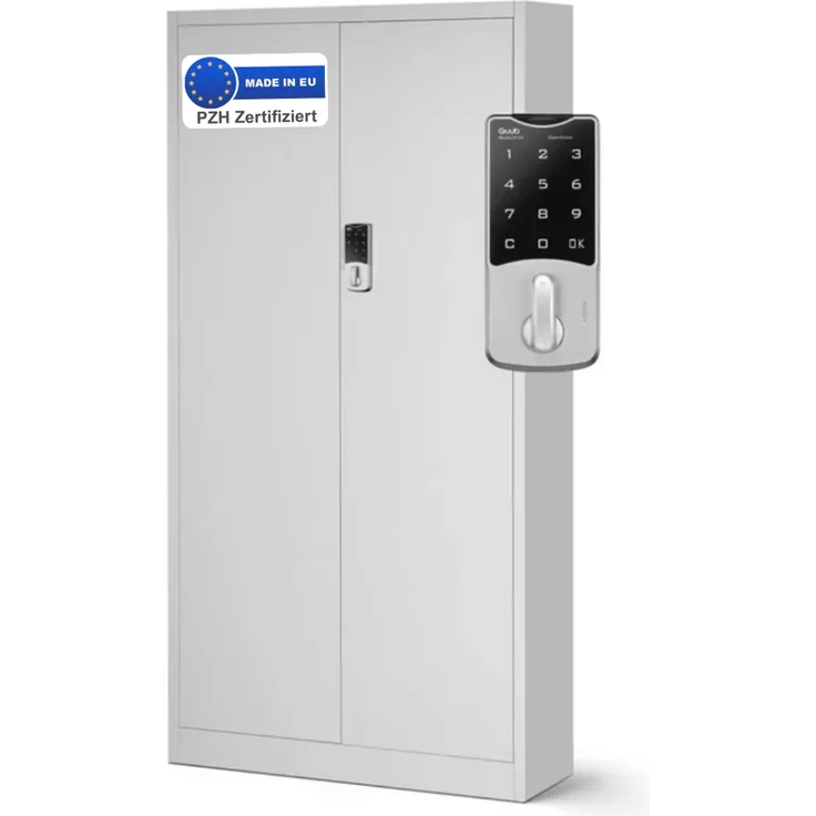 Metallschrank abschließbar ODIS - Zahlenschloss, 5 Ebenen | Aktenschrank Büroschrank Stahl Mehrzweckschrank Werkstatt Werkzeugschrank, 185x90x40cm Grau