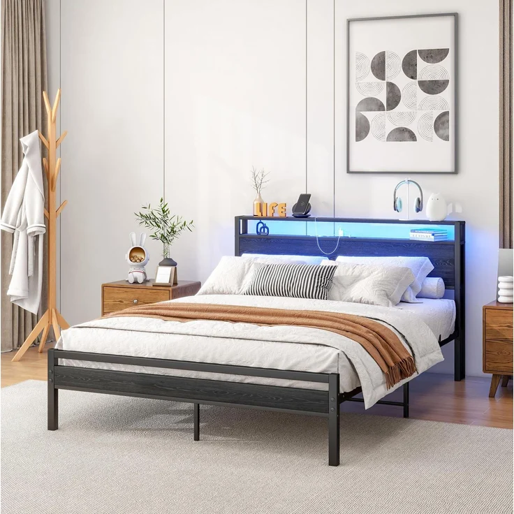 CHICFURN Bett aus MDF und Metall 140x200 cm mit Stauraum und USB-Anschluss Schwarz – Bild 2