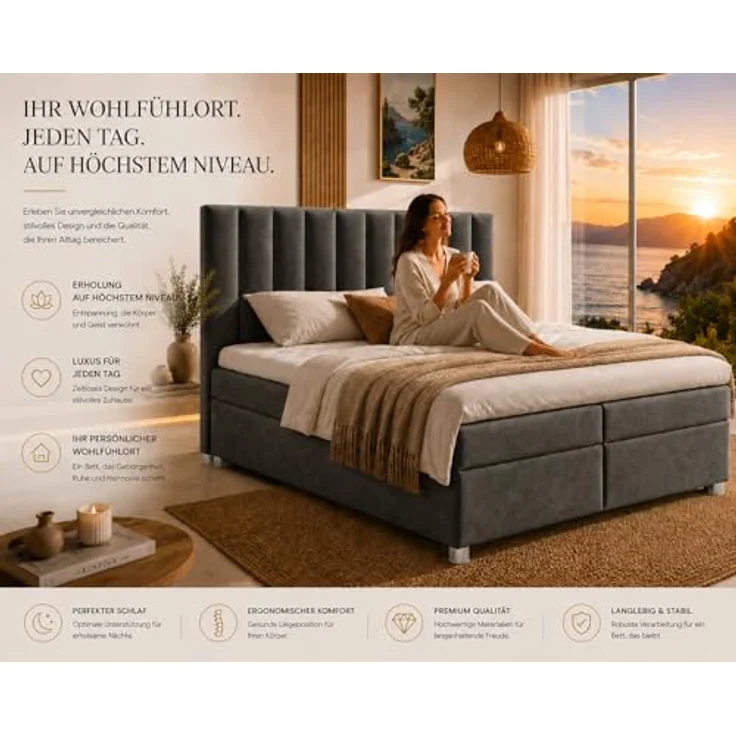 Best for Home Boxspringbett Trinity K-10, Doppelbett mit 2 Bettkästen, 7-Zonen Komfort-Topper, Federkernmatratze, gepolstertes Kopfteil, Graphit, verschiedene Größen 140x200 bis 200x200 cm – Bild 5