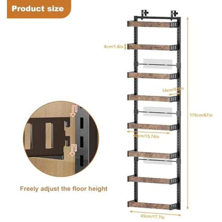 Tür Türorganizer Hängeorganizer 8 Etagen, Türregal zum Einhängen Metall mit Verstellbarem 8 Körben, Wandmontage-Gewürzregal Badregal Ohne Bohren für Küche, Schrank, Bad, 45x14x170cm, Schwarz – Bild 2