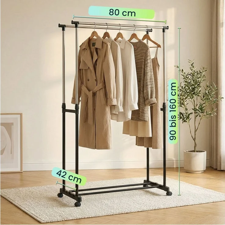 shop'n smile ideoon Kleiderständer Mobiler Kleiderständer Doppelstange B 80 cm Höhenverstellbar 90-160cm, Fahrbare Doppel-Kleiderstange, mit Schuhablage, 80 x 90–160 x 42cm – Bild 3