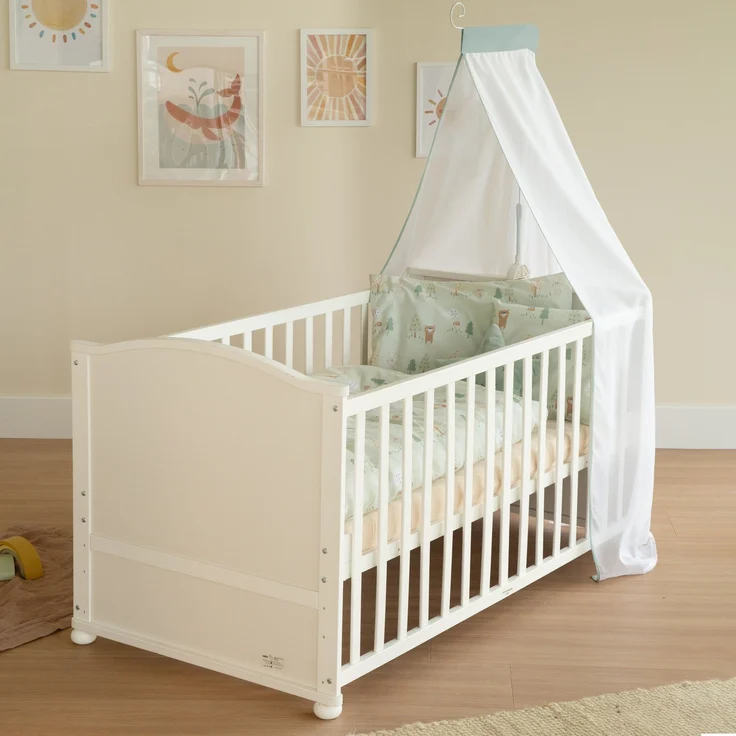 roba Babybett 70 x 140 cm Woodland Buddies - Umbaubares Kinderbett mit Zubehör - Inkl. Matratze, Himmel & Nestchen für Babys & Kleinkinder - Bettwäsche-Set 100x135 cm - Weiß / Grün – Bild 11