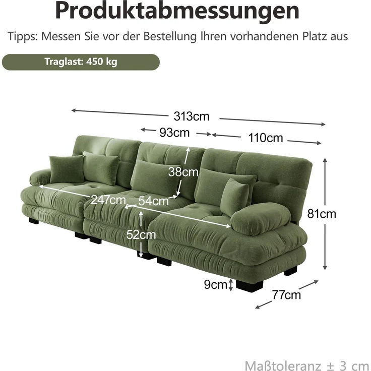 EINHOM 3-Sitzer Modulares Ecksofa mit Tiefensitz, Chenille Schlafsofa Komfortabel Gepolstert für Wohnzimmer, Apartment, Studio, Büro, Chenille Grünes – Bild 2