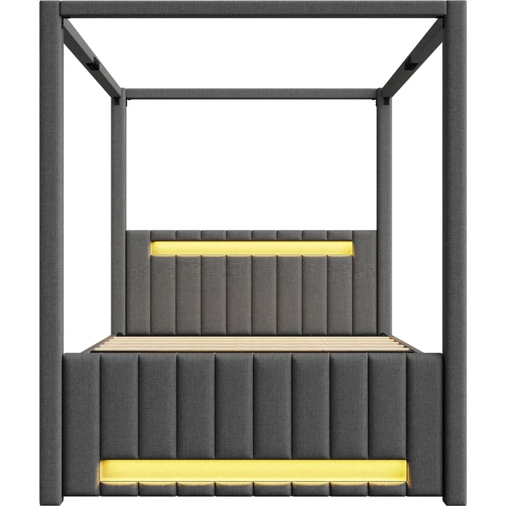 140x200 cm großes Polster-Himmelbett mit Ausziehbett und drei Schubladen, LED-Beleuchtung, Grau – Bild 9