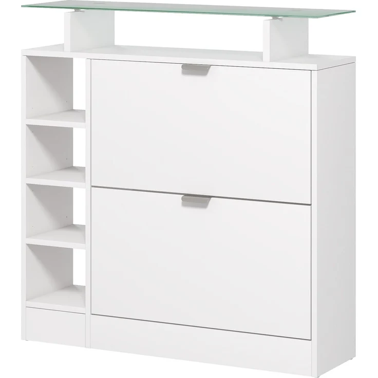 Schuhschrank mit 2 Klappschubladen für 12 Paar Schuhe, Glasablage und verstellbaren Einlegeböden, 89 x 25 x 92 cm, weiß – Bild 2
