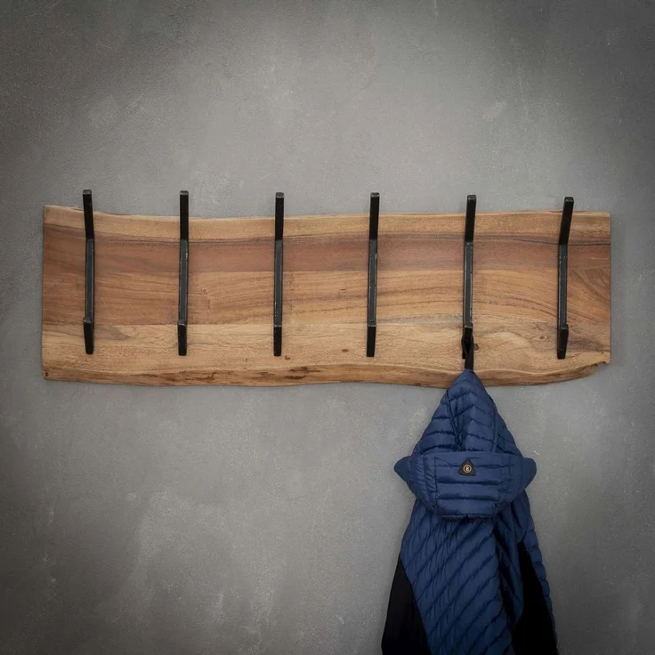 Garderobe aus massivem Akazienholz, modern mit Baumkante, 6 Haken, Natur, Wandmontage – Bild 5