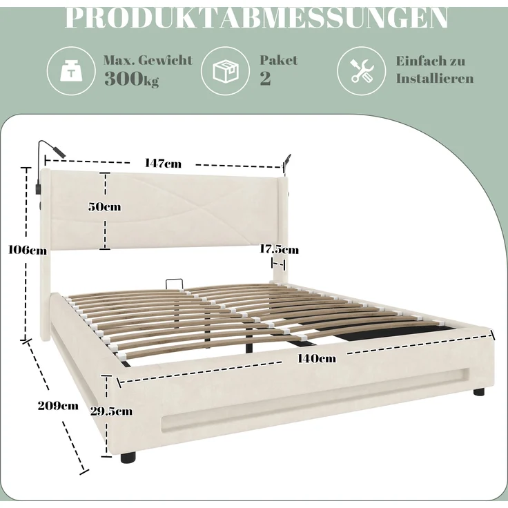 LVHOM Boxbett 140x200cm, Bettgestell mit integrierter Beleuchtung & Stauraum, USB/Typ-C-Ports, XXL-Hydraulik-Storage, platzsparend & Smart-Home-Anschlüssen – Bild 2
