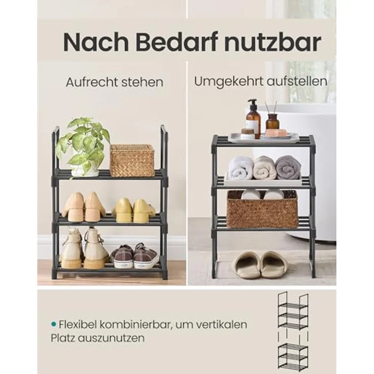 SONGMICS Schuhregal 3 Ebenen, Schuhständer Metall, Schuhaufbewahrung, Schuh-Organizer, aufrecht oder umgedreht, für 4-8 Paar Schuhe, stapelbar, Flur, 30 x 42,5 x 54,5 cm, schwarz LSA003B01 – Bild 5