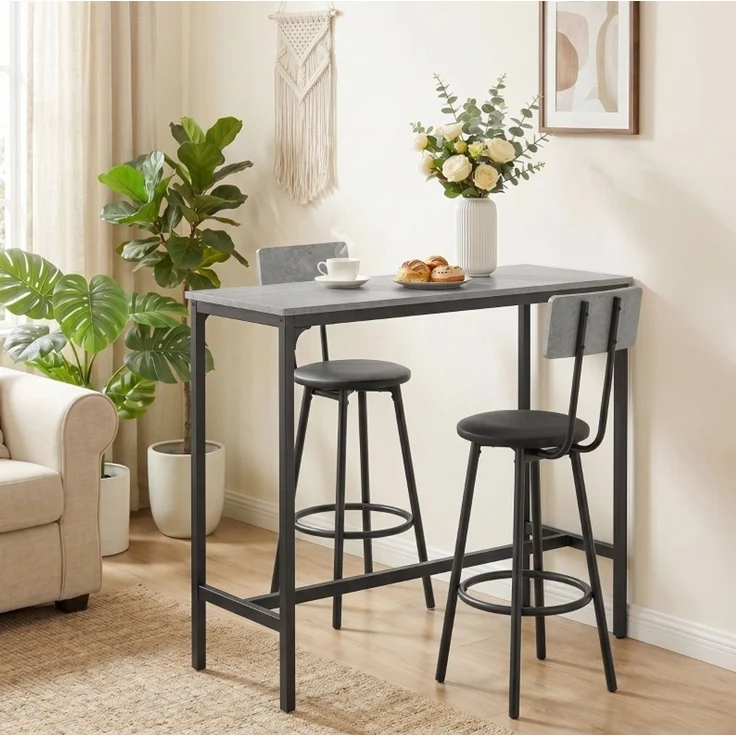 Bartisch-Set 100 x 40 x 90,5 cm mit 2 gepolsterten Barhockern und Fußstützen – Grau – Bild 2