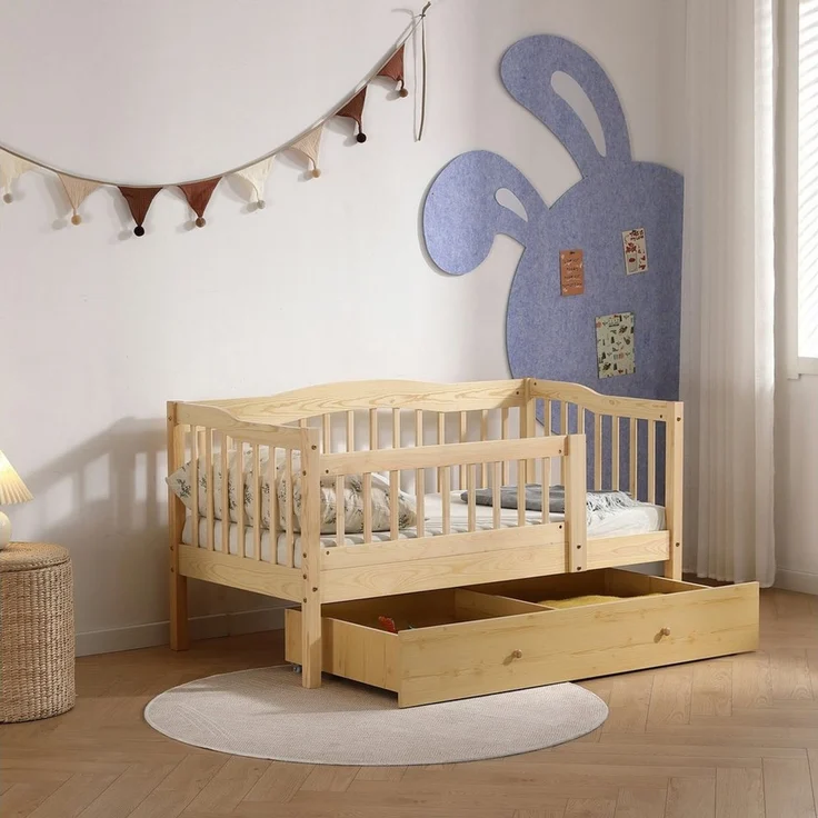 LEADZM Kinderbett mit Schubladen 70x140 / 80x160 / 90x200cm, Hausbett mit Lattenrost, Bodenbett mit Stauraum und Abnehmbarer Barriere, Naturbelassen – Bild 3