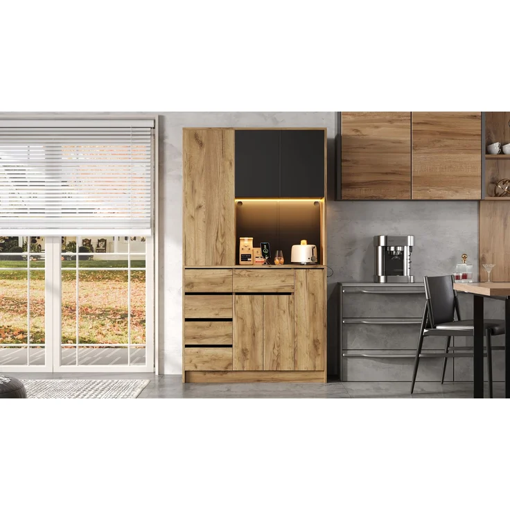 ZUBALIYA Küchenschrank 105x40x185 cm, mit LED-Beleuchtung, mit Steckdosen, mit verstellbaren Einlegeböden, aus MDF, Schwarz / Natur – Bild 24