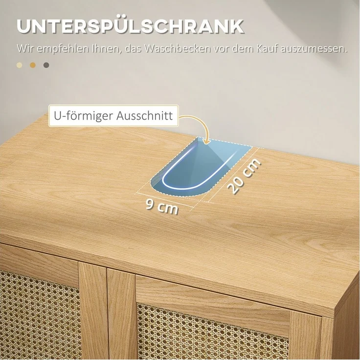 Kleankin Waschbeckenunterschrank Unterschrank mit Schrankfach (Waschtischunterschrank mit Rattanoptik, 1-St, Natur) 60 x 39 x 60 cm – Bild 3