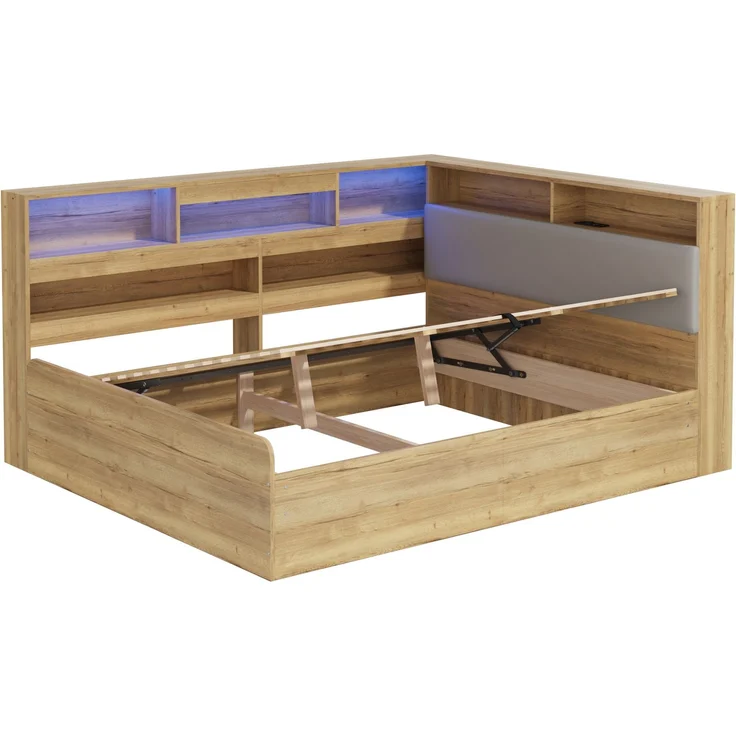 Merax Kinderbett 140x200 cm, Holzbett, Jugendbett, Daybett, Hydraulisches Stauraumbett, mit USB-Ladestation und LED-Beleuchtung, Naturfarbe – Bild 9