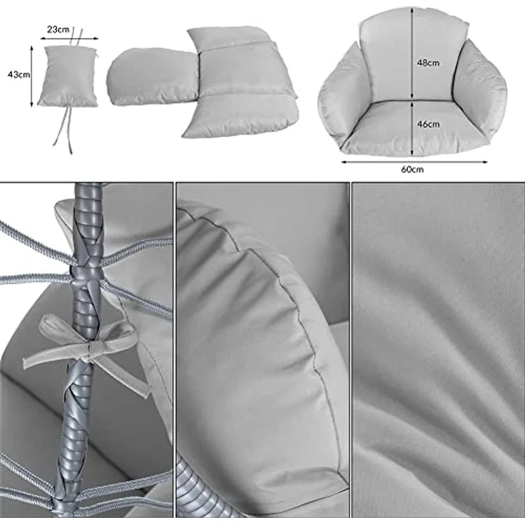 BAKAJI Hängesessel für den Garten, Schaukelstuhl, Hängematte für den Außenbereich, Gestell aus Metall, Nest aus Rattan und Seil + gepolstertes Sitzkissen und Kopfstütze, 198 x 110 x 95 cm (Grau) – Bild 6