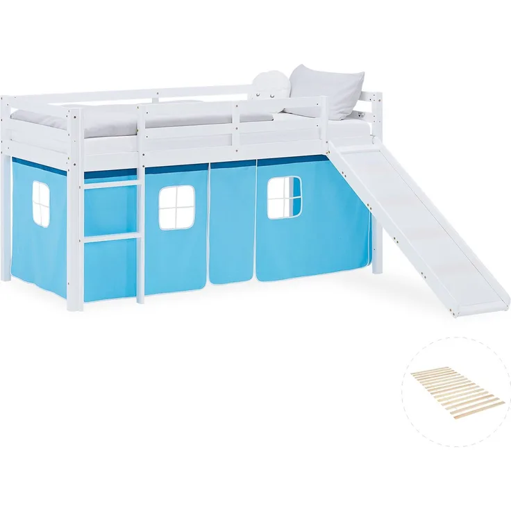 Hochbett Kinder 90x200 cm mit Lattenrost Rutsche Kinderbett Stockbett Vorhang Blau Leiter Holz Massiv
