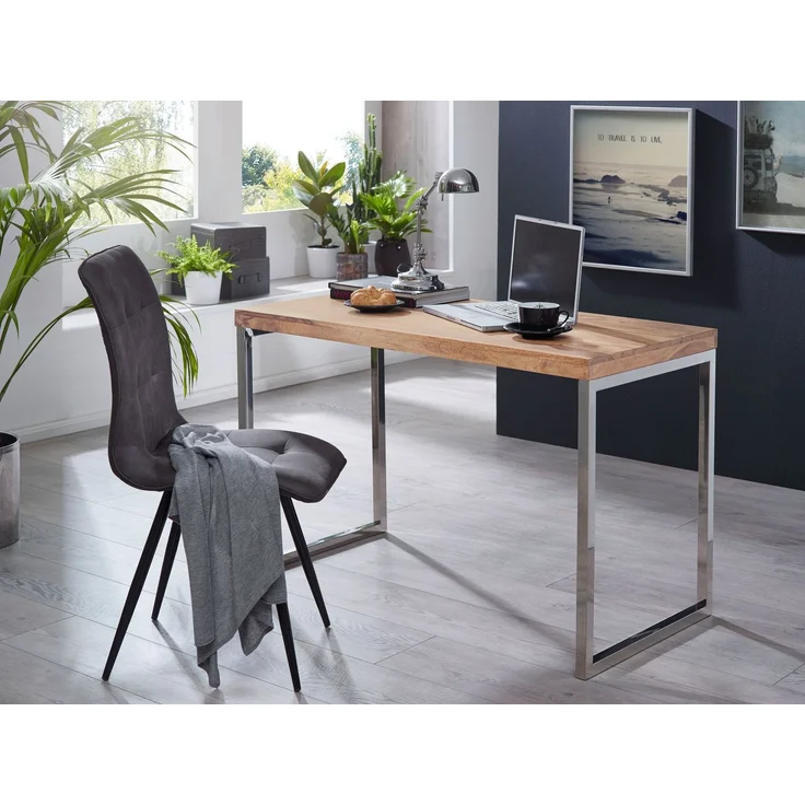 Wohnling Schreibtisch GUNA 120x60cm Akazie Massivholz Metallbeine Landhausstil Dunkelbraun – Bild 6