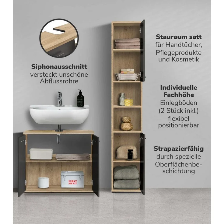 mokebo Badmöbel-Set Der Steuermann, (2-teilig), Made in Germany, Badezimmerschrank, Badschrank, Set in Eiche Anthrazit – Bild 2